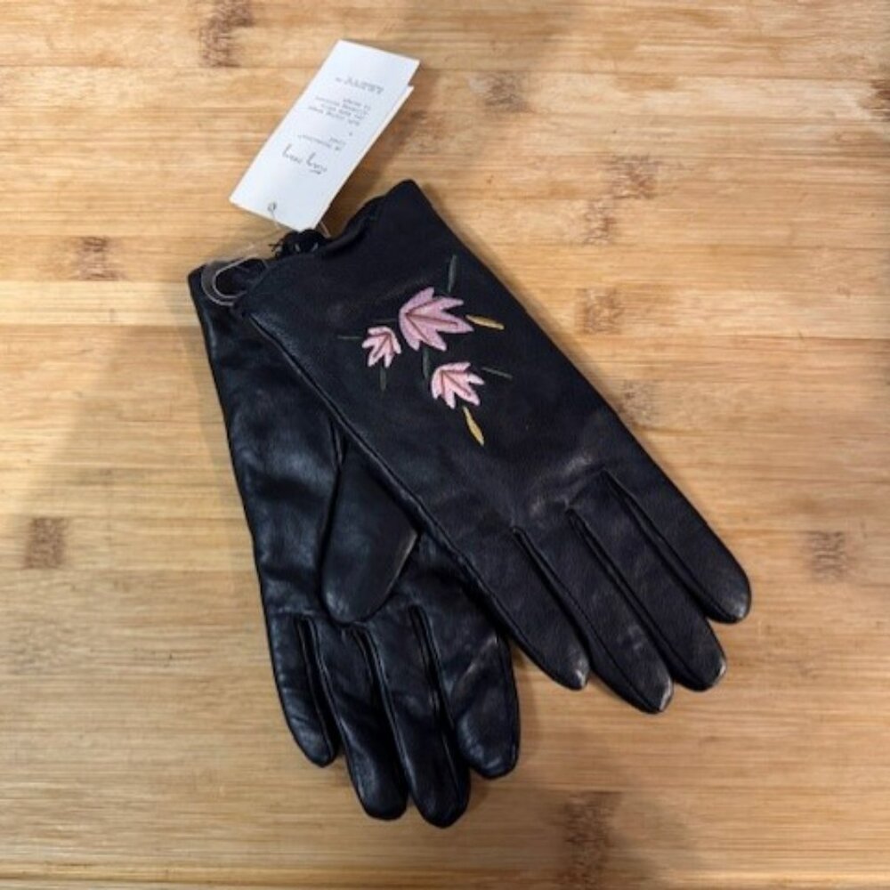 Retro Black leather gloves with pink / pastel floral embroidery - NWT - Picture 4 of 16